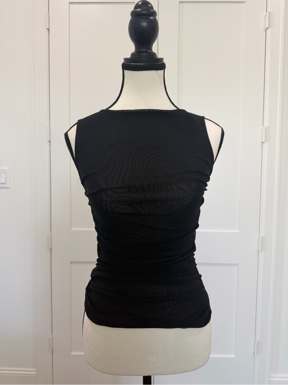 Tufi Duek Black Sleeveless Ruched Mesh Top Draped Front Size Medium